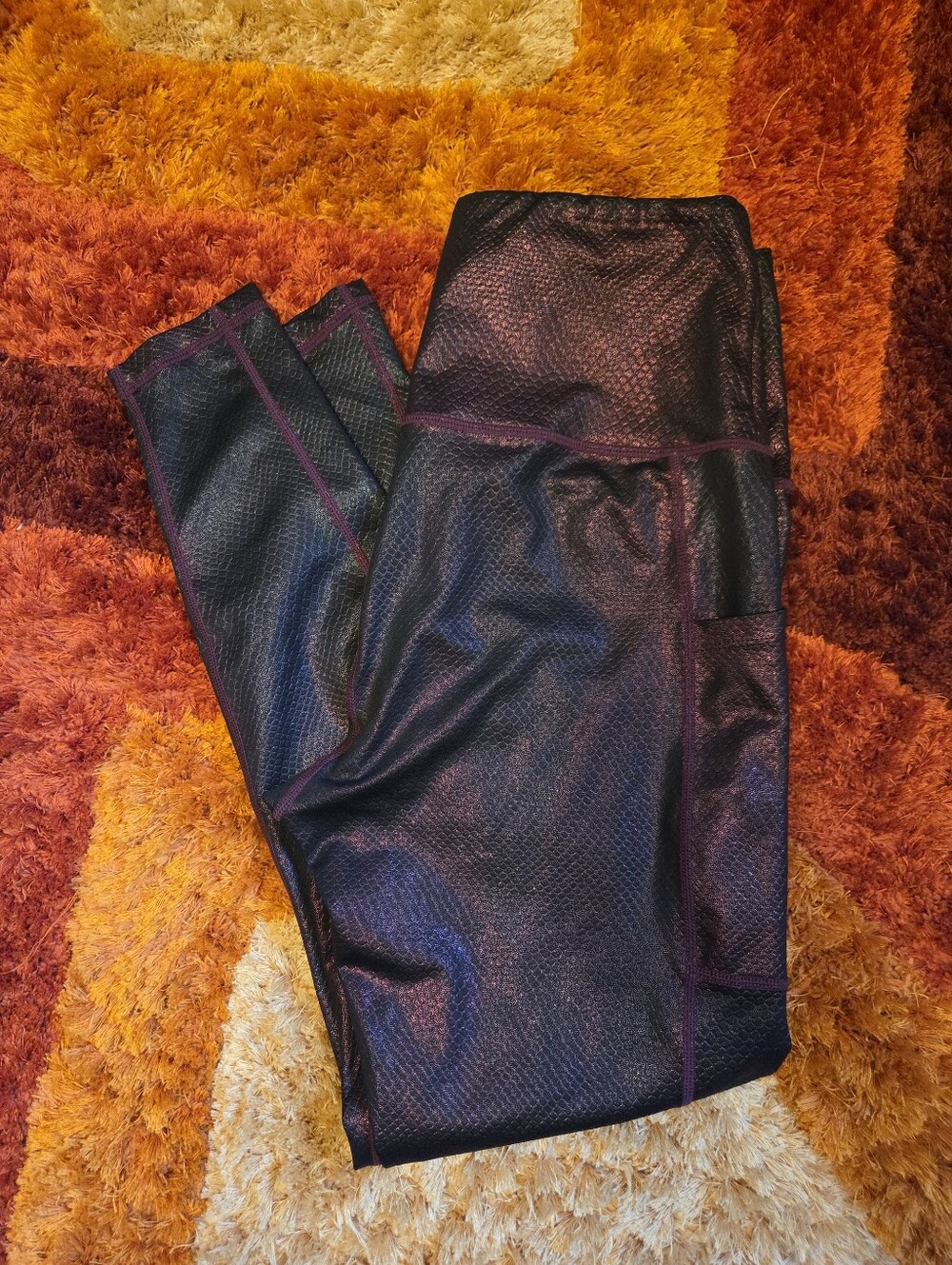 Shimmery Black High-Waist Leggings with Purple Stitching